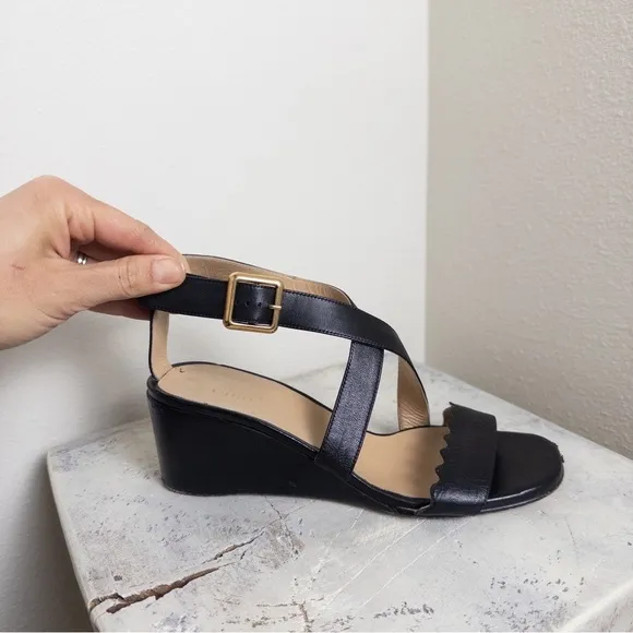 Chloe black leather scalloped strap wedge sandals size 37.5