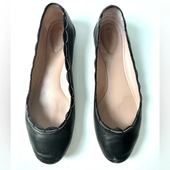 Chloe Ribbon &amp; Chain Lauren Leather Flats, Black, size 36.5, US 6.5