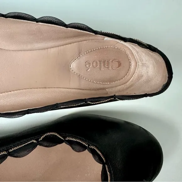 Chloe Ribbon &amp; Chain Lauren Leather Flats, Black, size 36.5, US 6.5