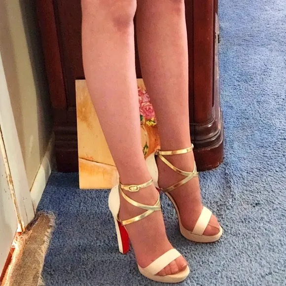 CHRISTIAN LOUBOUTIN IVORY REPTILE LEATHER &amp; SUEDE GOLD ANKLESTRAP SANDALS, 41