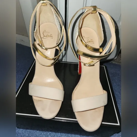 CHRISTIAN LOUBOUTIN IVORY REPTILE LEATHER &amp; SUEDE GOLD ANKLESTRAP SANDALS, 41