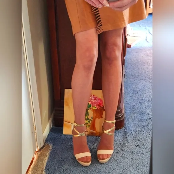 CHRISTIAN LOUBOUTIN IVORY REPTILE LEATHER &amp; SUEDE GOLD ANKLESTRAP SANDALS, 41