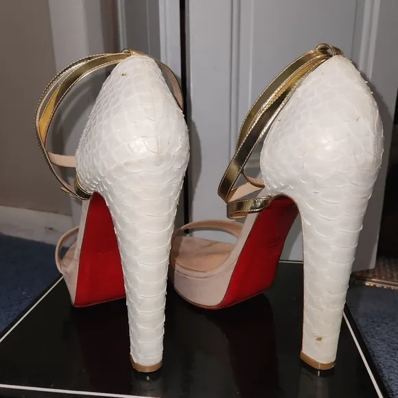 CHRISTIAN LOUBOUTIN IVORY REPTILE LEATHER &amp; SUEDE GOLD ANKLESTRAP SANDALS, 41