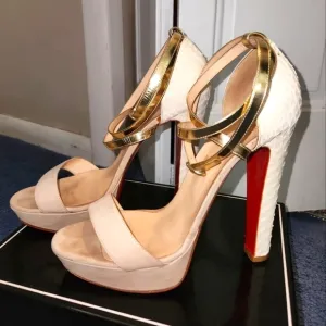 CHRISTIAN LOUBOUTIN IVORY REPTILE LEATHER &amp; SUEDE GOLD ANKLESTRAP SANDALS, 41