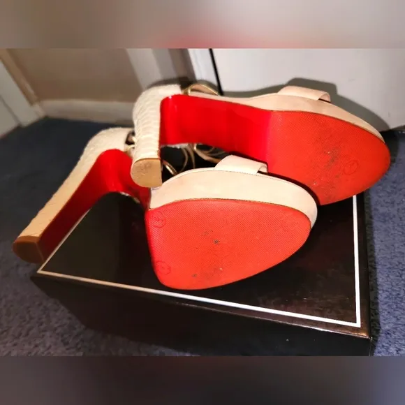 CHRISTIAN LOUBOUTIN IVORY REPTILE LEATHER &amp; SUEDE GOLD ANKLESTRAP SANDALS, 41