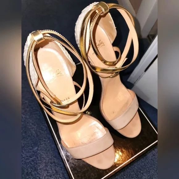 CHRISTIAN LOUBOUTIN IVORY REPTILE LEATHER &amp; SUEDE GOLD ANKLESTRAP SANDALS, 41