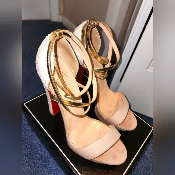 CHRISTIAN LOUBOUTIN IVORY REPTILE LEATHER &amp; SUEDE GOLD ANKLESTRAP SANDALS, 41