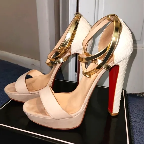 CHRISTIAN LOUBOUTIN IVORY REPTILE LEATHER &amp; SUEDE GOLD ANKLESTRAP SANDALS, 41