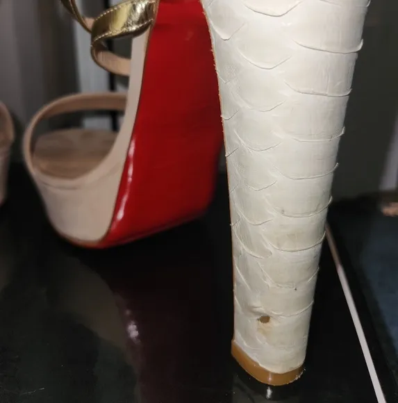 CHRISTIAN LOUBOUTIN IVORY REPTILE LEATHER &amp; SUEDE GOLD ANKLESTRAP SANDALS, 41
