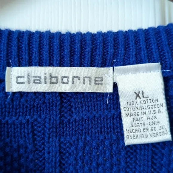 Claiborne 90's Vintage Classic Woven Jacquard Knit Crewneck Sweater Blue XL