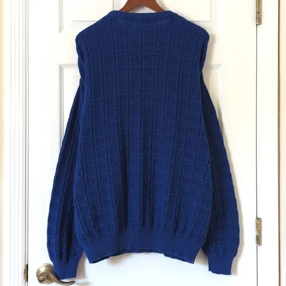 Claiborne 90's Vintage Classic Woven Jacquard Knit Crewneck Sweater Blue XL