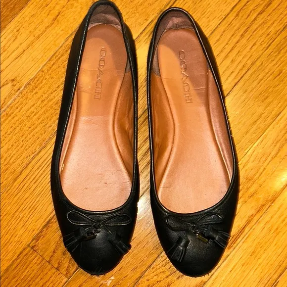 Coach Black Leather Flats with Bow Detail