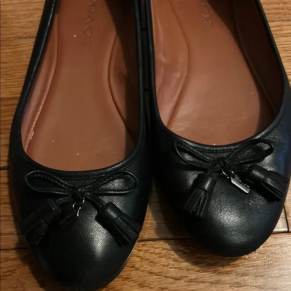 Coach Black Leather Flats with Bow Detail