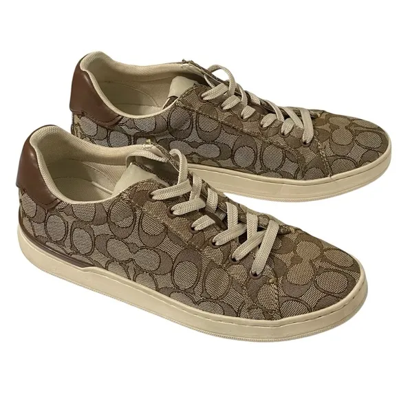 COACH Clip Signature Jacquard Low Top Khaki Sneakers G4967 Womens Size 8.5