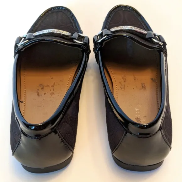Coach Felisha Loafer Monogram Fabric Patent Leather Driving Shoe Preppy Black 6
