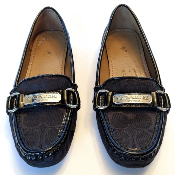 Coach Felisha Loafer Monogram Fabric Patent Leather Driving Shoe Preppy Black 6