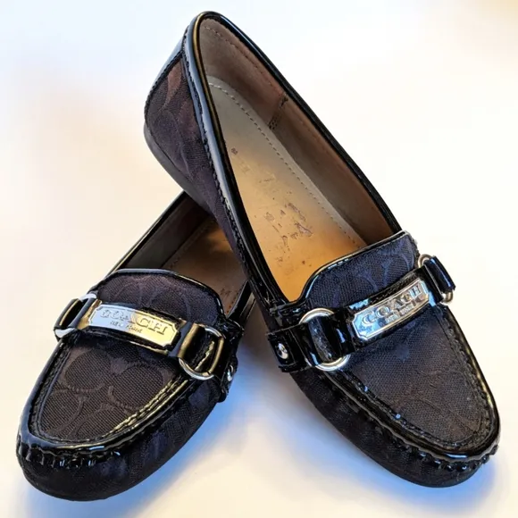 Coach Felisha Loafer Monogram Fabric Patent Leather Driving Shoe Preppy Black 6
