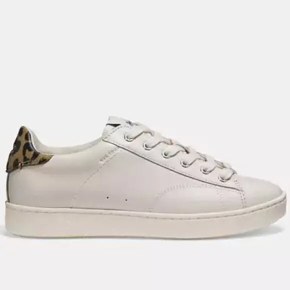 Coach Low Top Leather Sneakers 9B Leopard Print Heel Off-White Luxury C126