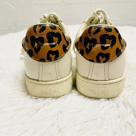 Coach Low Top Leather Sneakers 9B Leopard Print Heel Off-White Luxury C126