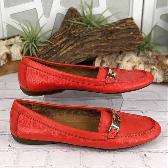 COACH Olympia Pebble Grain Leather Loafers Red Flats Driving Moc