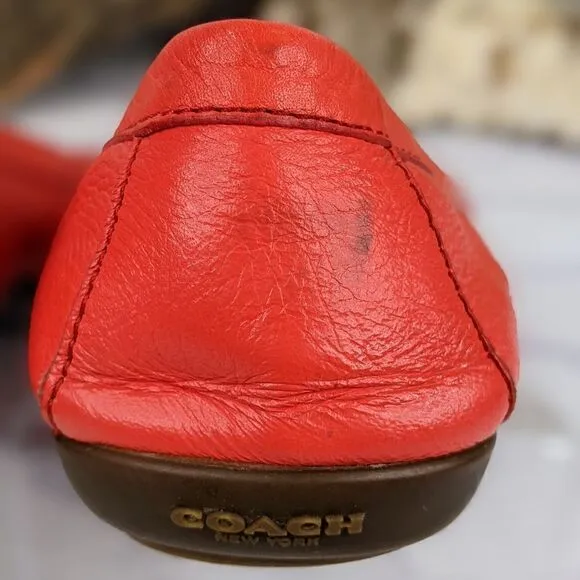 COACH Olympia Pebble Grain Leather Loafers Red Flats Driving Moc