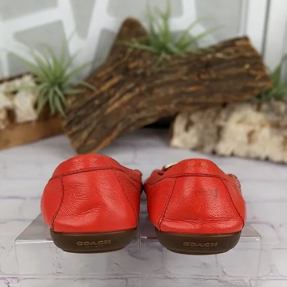 COACH Olympia Pebble Grain Leather Loafers Red Flats Driving Moc