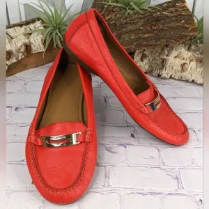 COACH Olympia Pebble Grain Leather Loafers Red Flats Driving Moc