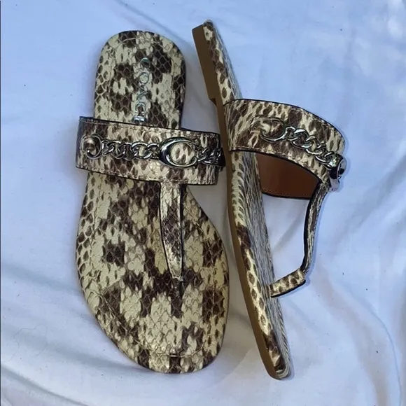 Coach Sz 5B Snake Embossed Leather Flat Sandals