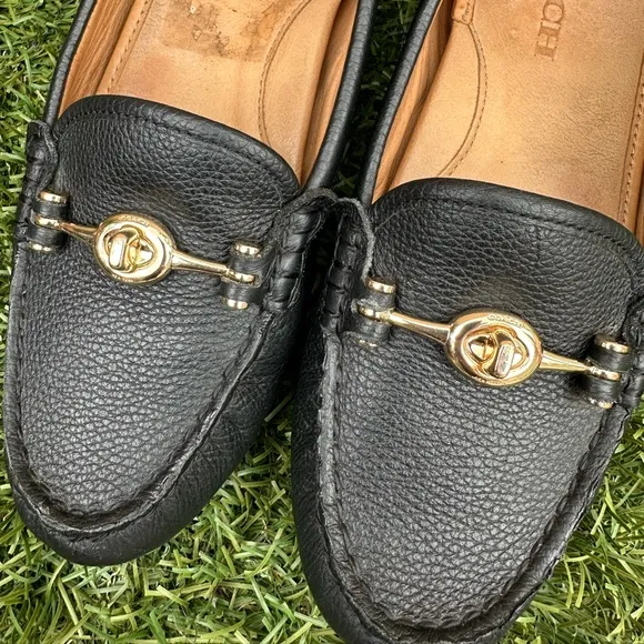 Coach Women's Arlene Slip On Pebbled Leather Driving Loafers Black Gold Sz 6.5
