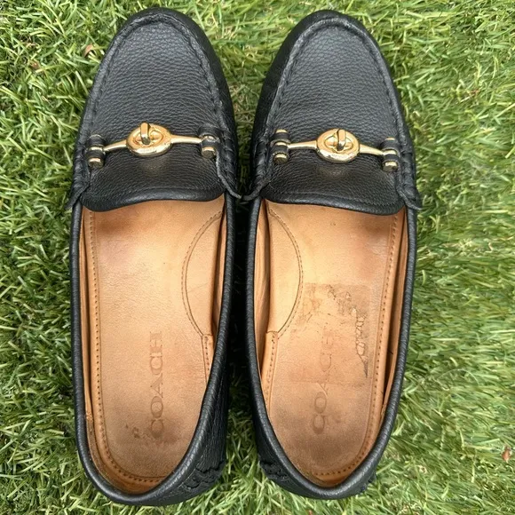 Coach Women's Arlene Slip On Pebbled Leather Driving Loafers Black Gold Sz 6.5