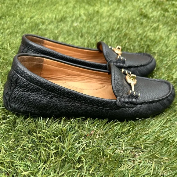 Coach Women's Arlene Slip On Pebbled Leather Driving Loafers Black Gold Sz 6.5