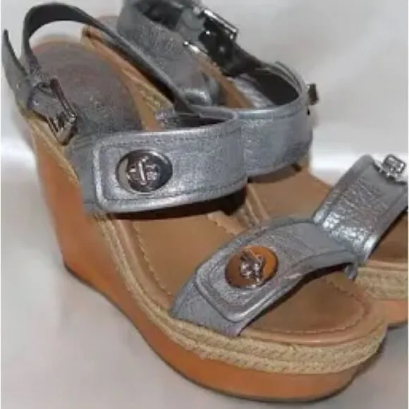 Coach Marian Metallic Silver Wood Platform Wedge Sandals w/Ankle Strap. Size 10.