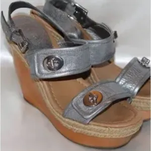 Coach Marian Metallic Silver Wood Platform Wedge Sandals w/Ankle Strap. Size 10.