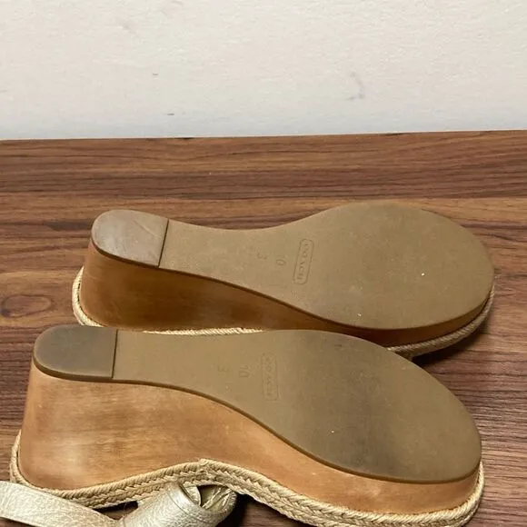 Coach Marian Metallic Silver Wood Platform Wedge Sandals w/Ankle Strap. Size 10.