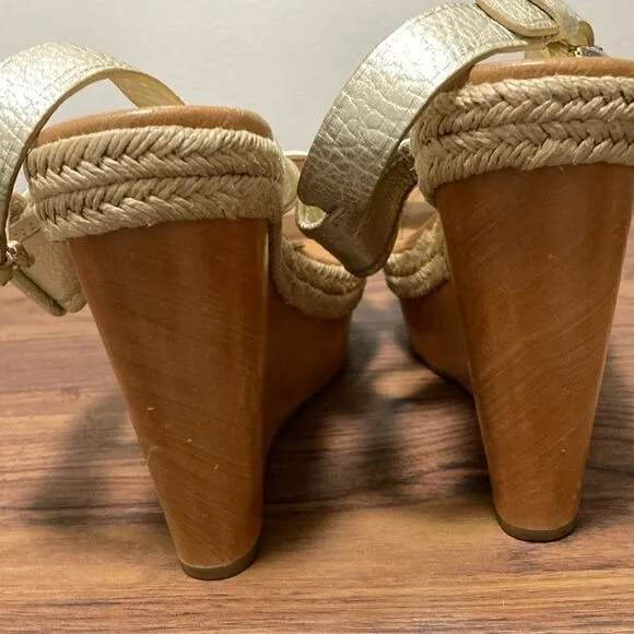 Coach Marian Metallic Silver Wood Platform Wedge Sandals w/Ankle Strap. Size 10.