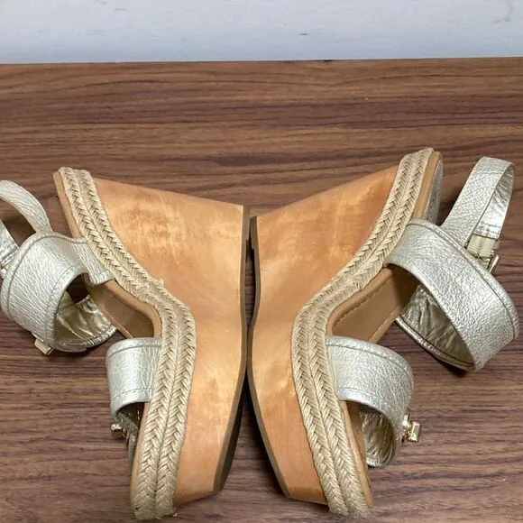 Coach Marian Metallic Silver Wood Platform Wedge Sandals w/Ankle Strap. Size 10.