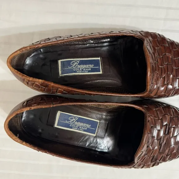 COLE HAAN BRAGANO Brown Woven Leather Loafers Made In Italy Mens 9M
