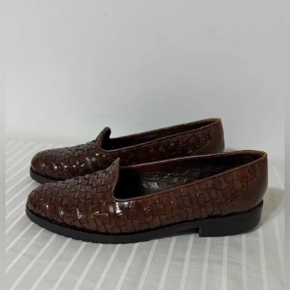 COLE HAAN BRAGANO Brown Woven Leather Loafers Made In Italy Mens 9M