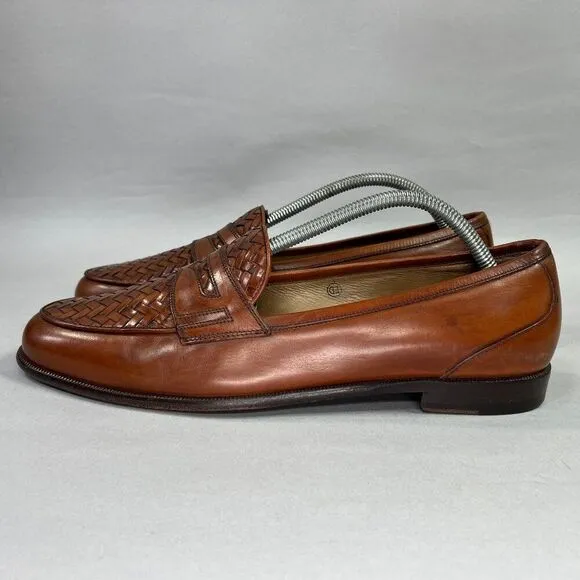 Cole Haan Bragano Penny Loafers Mens Size 10 Brown Woven Italian Leather Slip On