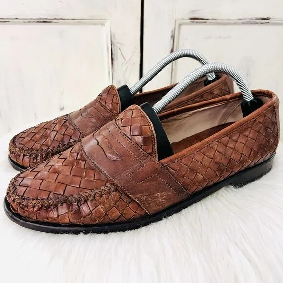 Cole Haan Brown Woven Leather Moc Toe Slip on Dress Shoes Loafers Mens Size 9.5
