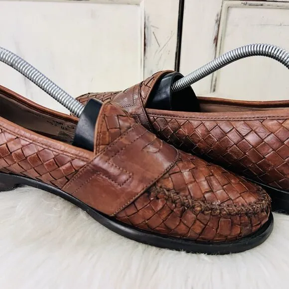 Cole Haan Brown Woven Leather Moc Toe Slip on Dress Shoes Loafers Mens Size 9.5