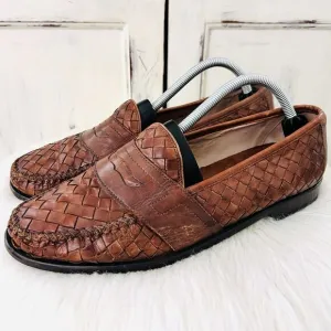 Cole Haan Brown Woven Leather Moc Toe Slip on Dress Shoes Loafers Mens Size 9.5