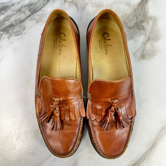 Cole Haan Collection Men's Cognac Leather Tasselled Loafers Driving Shoes, 8