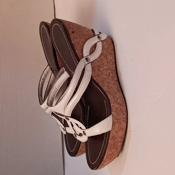 Cole Haan, Cork Wedge, White Patent Leather Slip-On Sandals