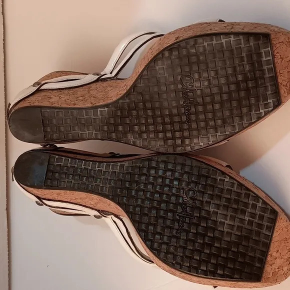 Cole Haan, Cork Wedge, White Patent Leather Slip-On Sandals