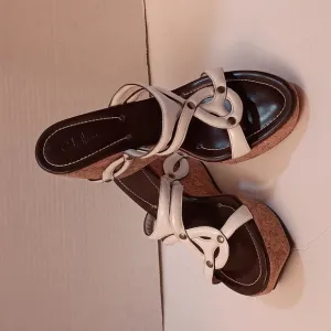 Cole Haan, Cork Wedge, White Patent Leather Slip-On Sandals