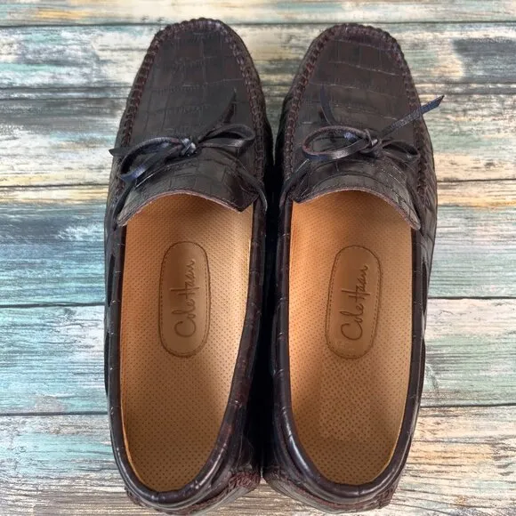 Cole Haan Driving Loafers Size 8.5M Brown Leather Crocodile Print Slip On Shoes