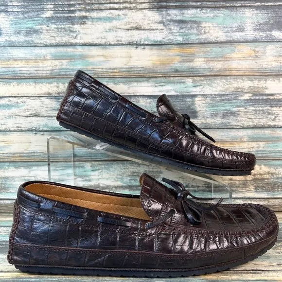 Cole Haan Driving Loafers Size 8.5M Brown Leather Crocodile Print Slip On Shoes