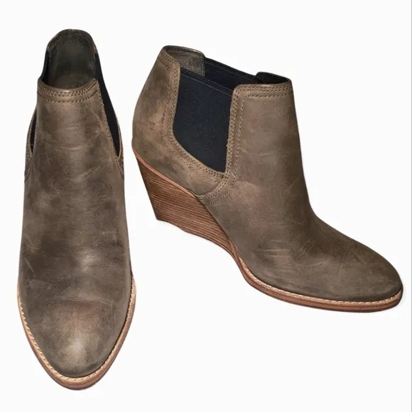 Cole Haan Grand OS Stacked Wedge Olive Brushed Leather Chelsea Ankle Boots
