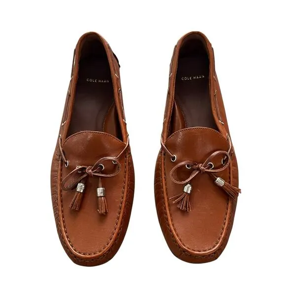 COLE HAAN Grant Cognac Leather Tassel Pinch Loafers Driving Flats NEW Size 9.5